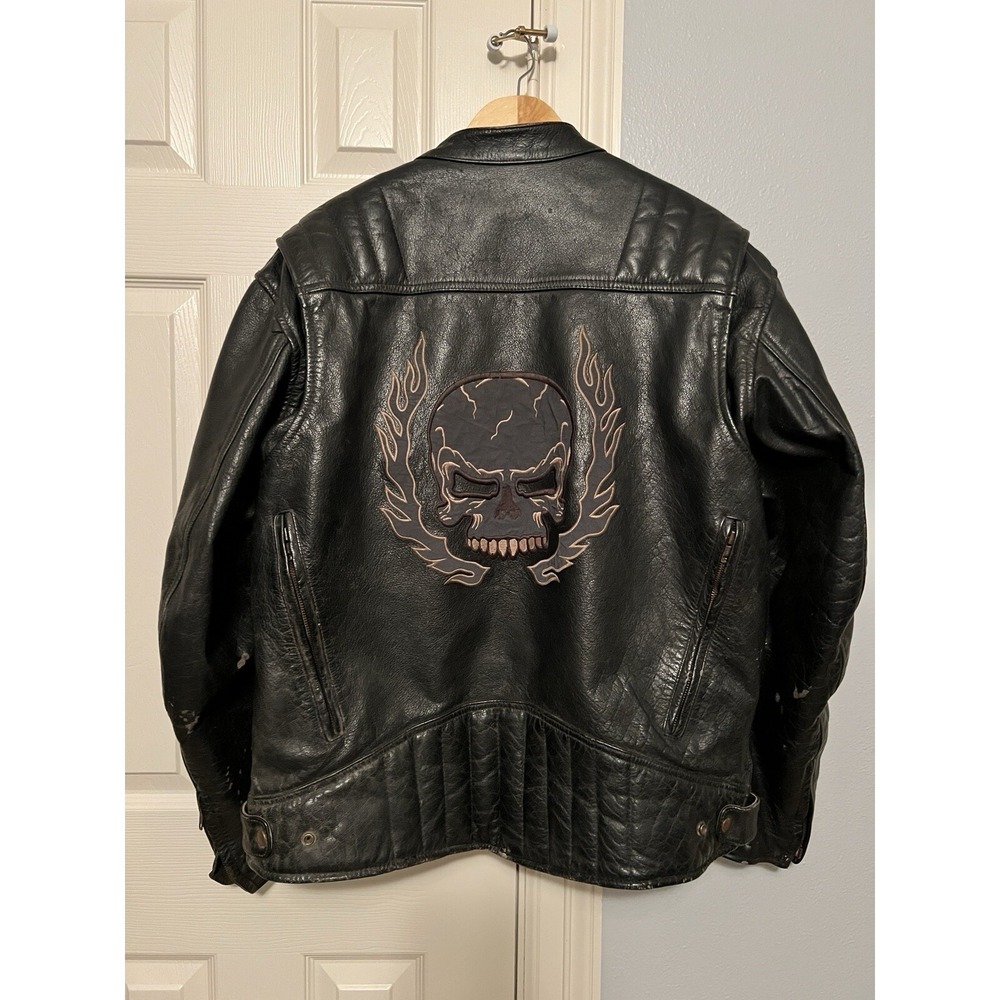 Xelement Rider Motorcycle Jacket Mens XL Black Leather Skull Biker, READ